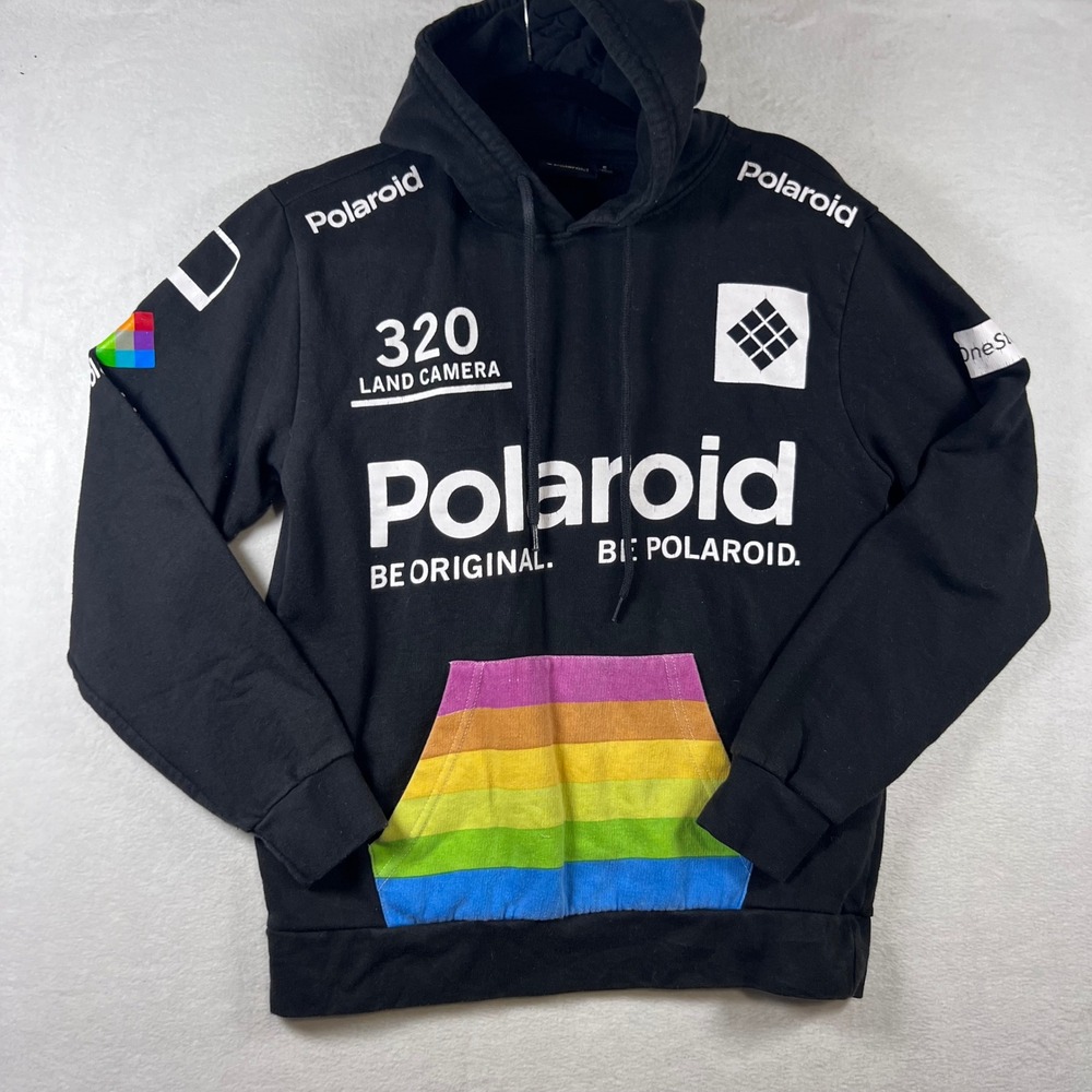 Polaroid 320 Land Camera Graphic Hoodie Black Rainbow Stripe Mens Small
